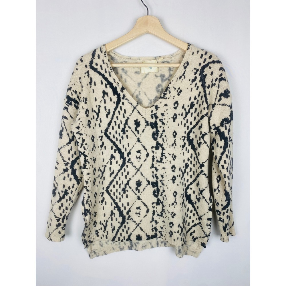 Cashmere Women XS Baby Wool Yak Cashmere V-Neck Sweater Ikat Geometric Print